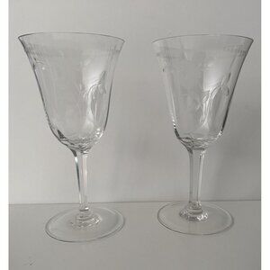 Vtg Wine Water Goblet Glasses Set of 2+ Etched Pattern Faceted Stems Optic Panel